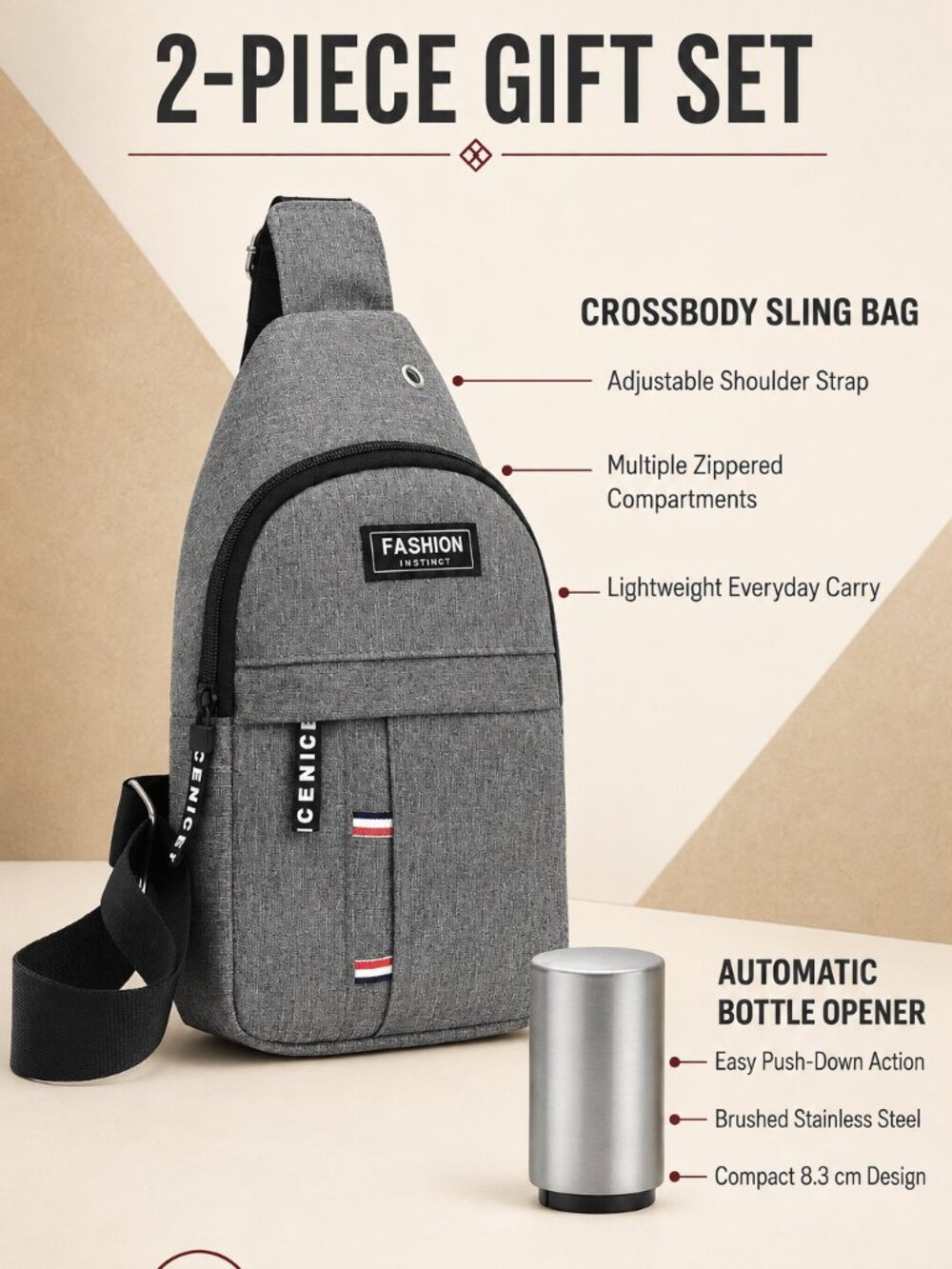Men’s Gray Sling Bag & Automatic Bottle Opener Gift Set